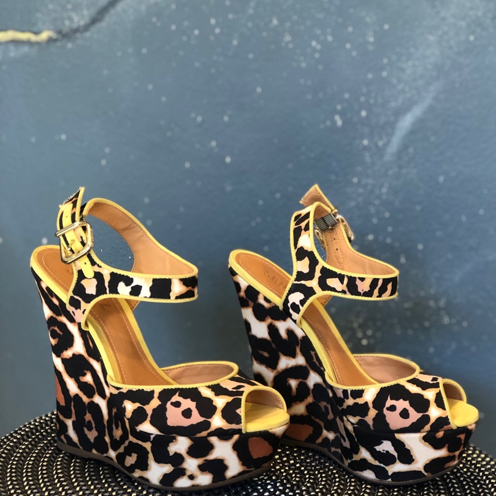 SCHUTZ Yellow and Black Leopard Print Wedges